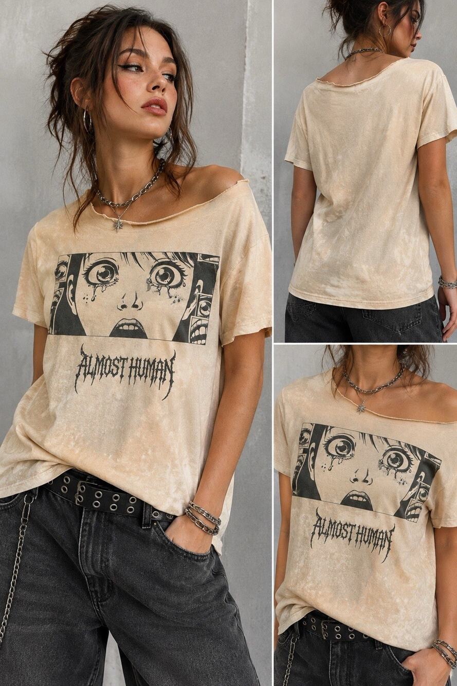 Almost Human Manga Graphic Upcycled Bleached Distressed Tee Women’s Alt Grunge